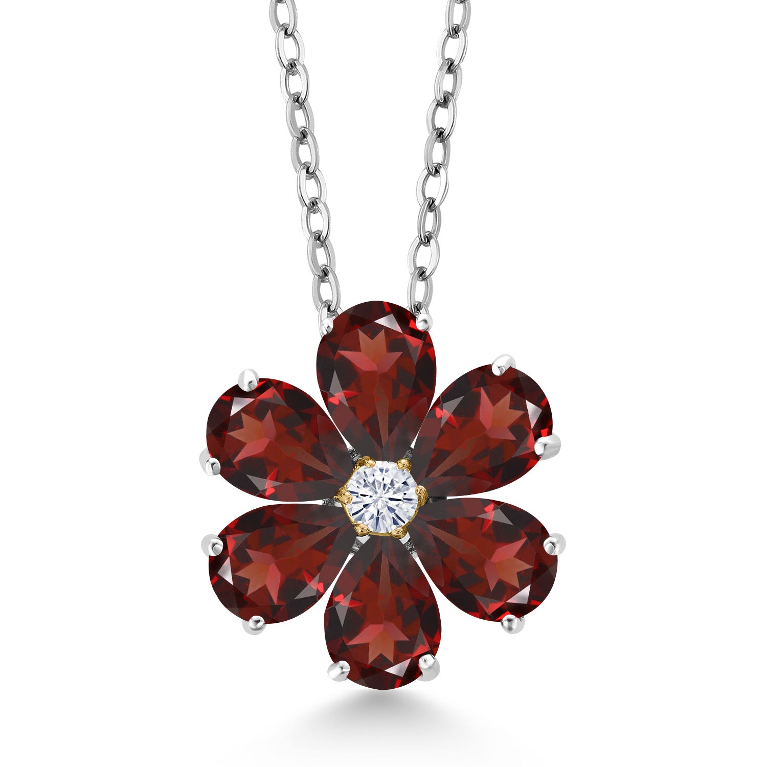 925 Silver and 10K Yellow Gold Red Garnet and White Moissanite Pear Shape Flower Pendant Necklace For Women (3.01 Cttw, with 18 Inch Chain)