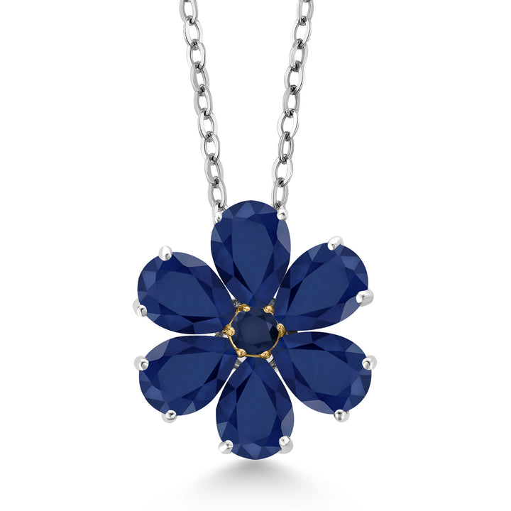 925 Sterling Silver and 10K Yellow Gold Blue Sapphire Pear Shape Flower Pendant Necklace For Women (3.06 Cttw, 6X4MM, Gemstone Birthstone, with 18 Inch Chain)