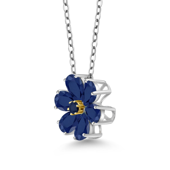 925 Sterling Silver and 10K Yellow Gold Blue Sapphire Pear Shape Flower Pendant Necklace For Women (3.06 Cttw, 6X4MM, Gemstone Birthstone, with 18 Inch Chain)