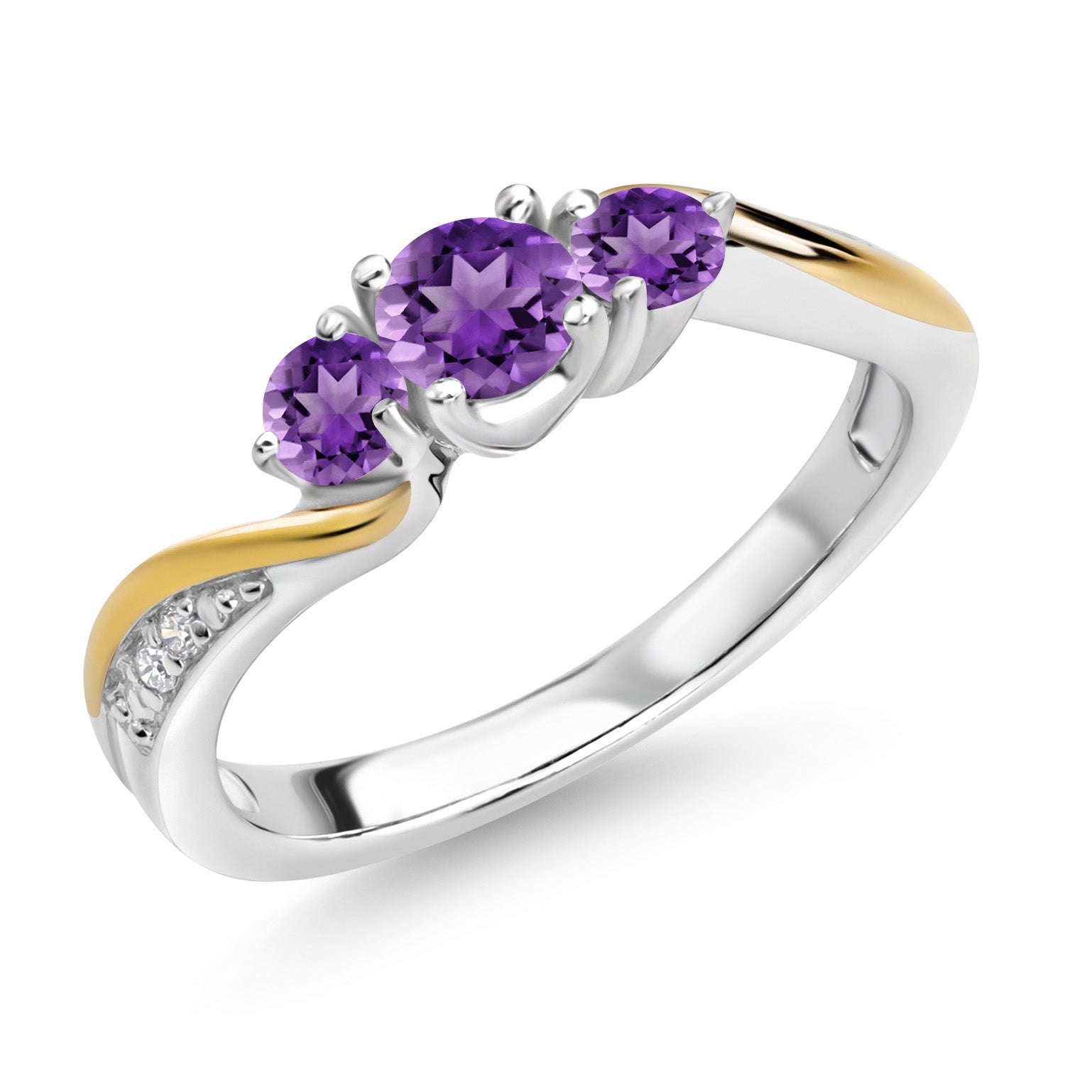 925 Sterling Silver and 10K Yellow Gold Purple Amethyst and White Lab Grown Diamond 3 Stone Engagement Ring For Women (0.48 Cttw, Gemstone February Birthstone, Available In Size 5, 6, 7, 8, 9)