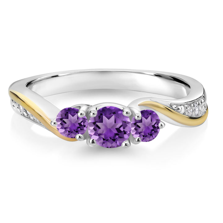 925 Sterling Silver and 10K Yellow Gold Purple Amethyst and White Lab Grown Diamond 3 Stone Engagement Ring For Women (0.48 Cttw, Gemstone February Birthstone, Available In Size 5, 6, 7, 8, 9)