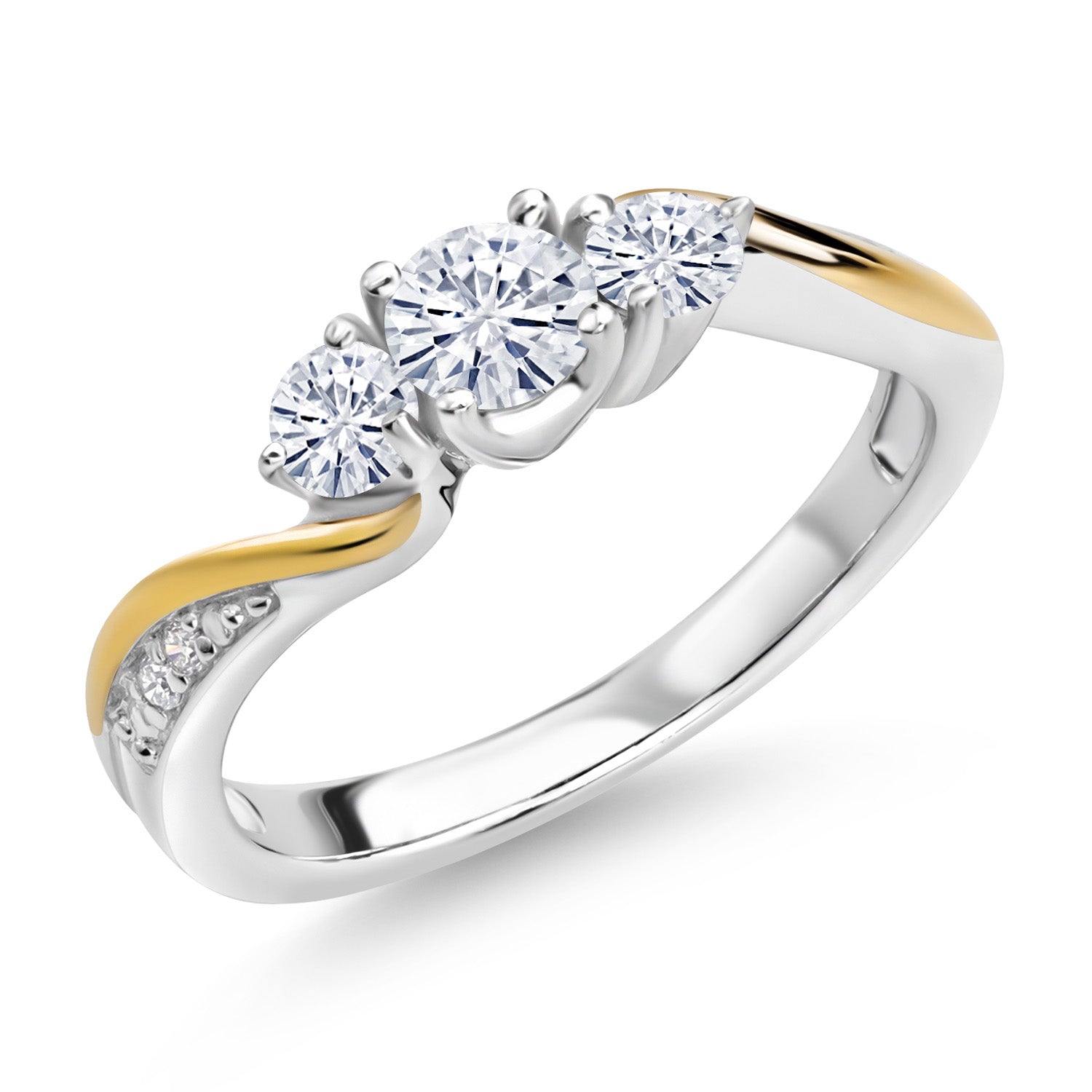 925 Sterling Silver and 10K Yellow Gold White Moissanite and White Lab Grown Diamond 3 Stone Engagement Ring For Women | 0.46 Cttw | Available In Size 5, 6, 7, 8, 9