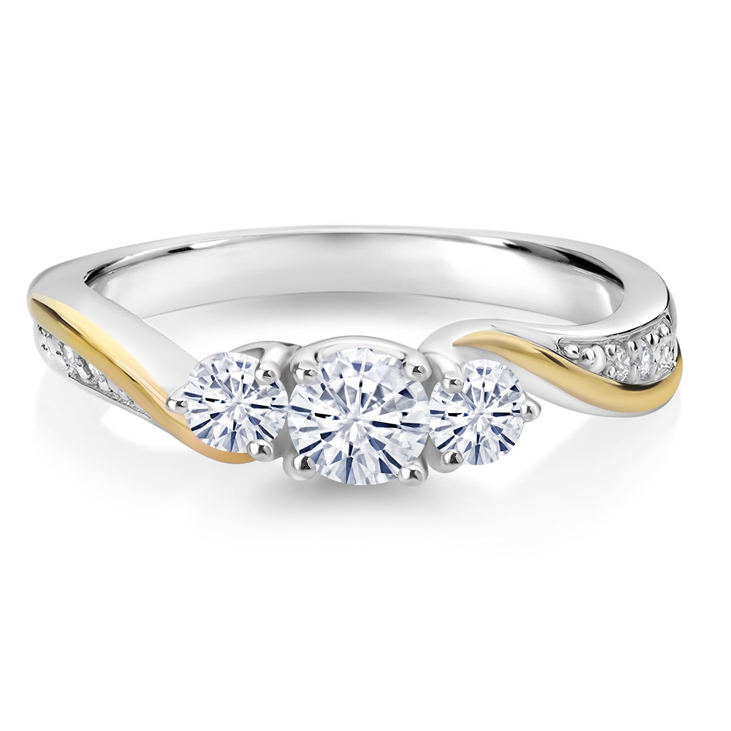 925 Sterling Silver and 10K Yellow Gold White Moissanite and White Lab Grown Diamond 3 Stone Engagement Ring For Women | 0.46 Cttw | Available In Size 5, 6, 7, 8, 9