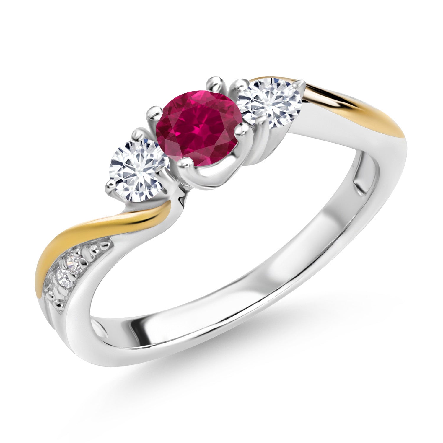 925 Sterling Silver and 10K Yellow Gold Red Created Ruby and White Lab Grown Diamond 3 Stone Engagement Ring For Women (0.48 Cttw, Gemstone July Birthstone, Available In Size 5, 6, 7, 8, 9)