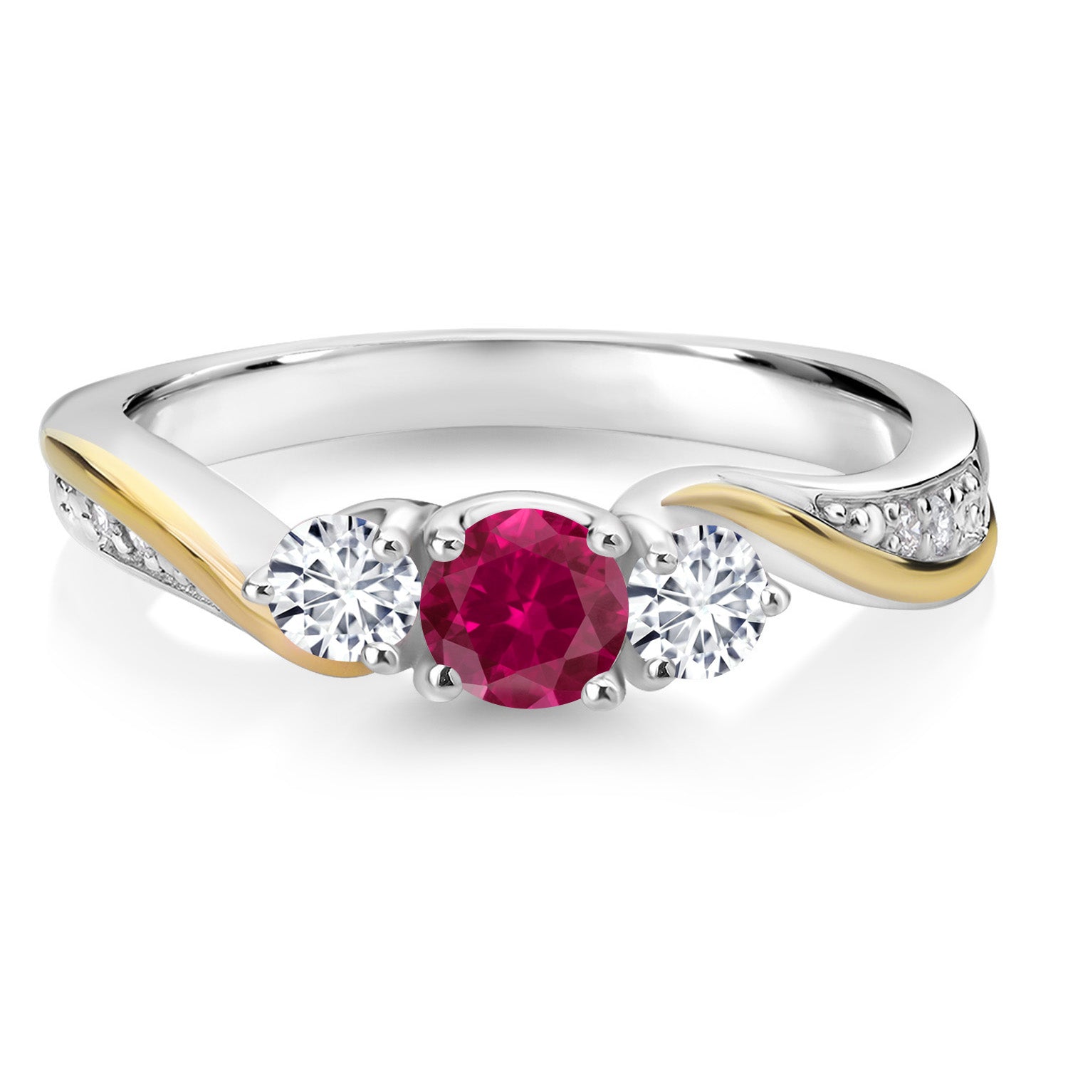 925 Sterling Silver and 10K Yellow Gold Red Created Ruby and White Lab Grown Diamond 3 Stone Engagement Ring For Women (0.48 Cttw, Gemstone July Birthstone, Available In Size 5, 6, 7, 8, 9)