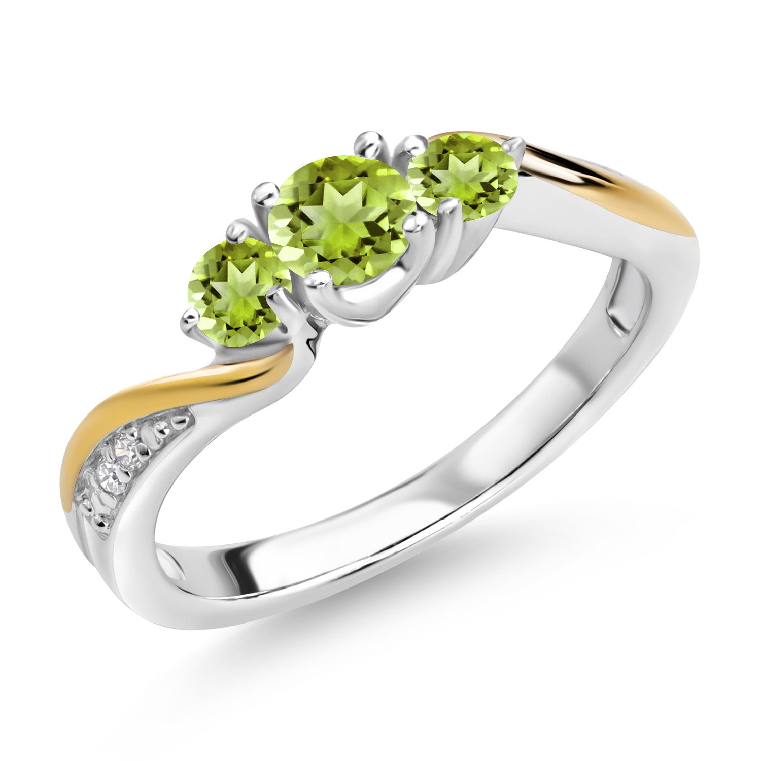 925 Sterling Silver and 10K Yellow Gold Green Peridot and White Lab Grown Diamond 3 Stone Engagement Ring For Women (0.57 Cttw, Gemstone August Birthstone, Available In Size 5, 6, 7, 8, 9)