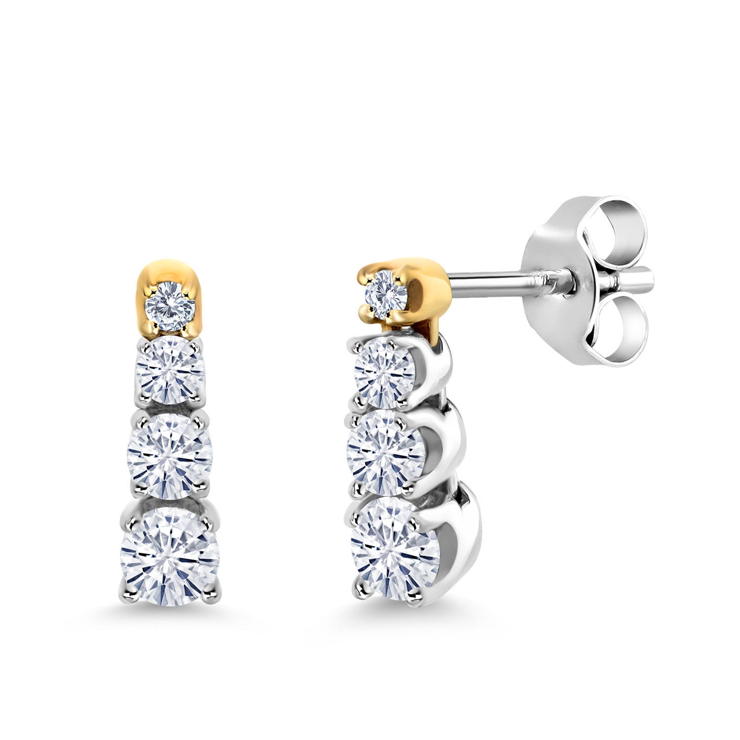 925 Sterling Silver and 10K Yellow Gold White Moissanite Dangle Earrings For Women (0.41 Cttw, Round 3MM, 2.5MM and 2MM)