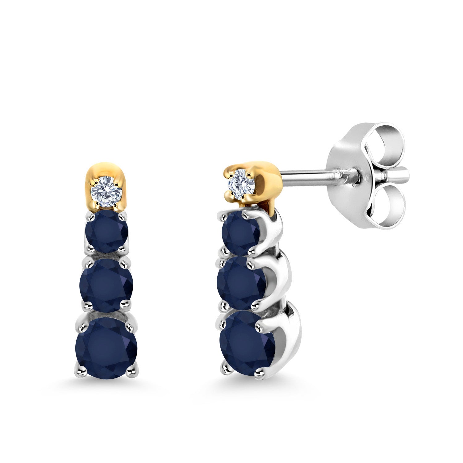 925 Sterling Silver and 10K Yellow Gold Blue Sapphire and Created Moissanite Earrings For Women (0.51 Cttw, Round 3MM, 2.5MM and 2MM)