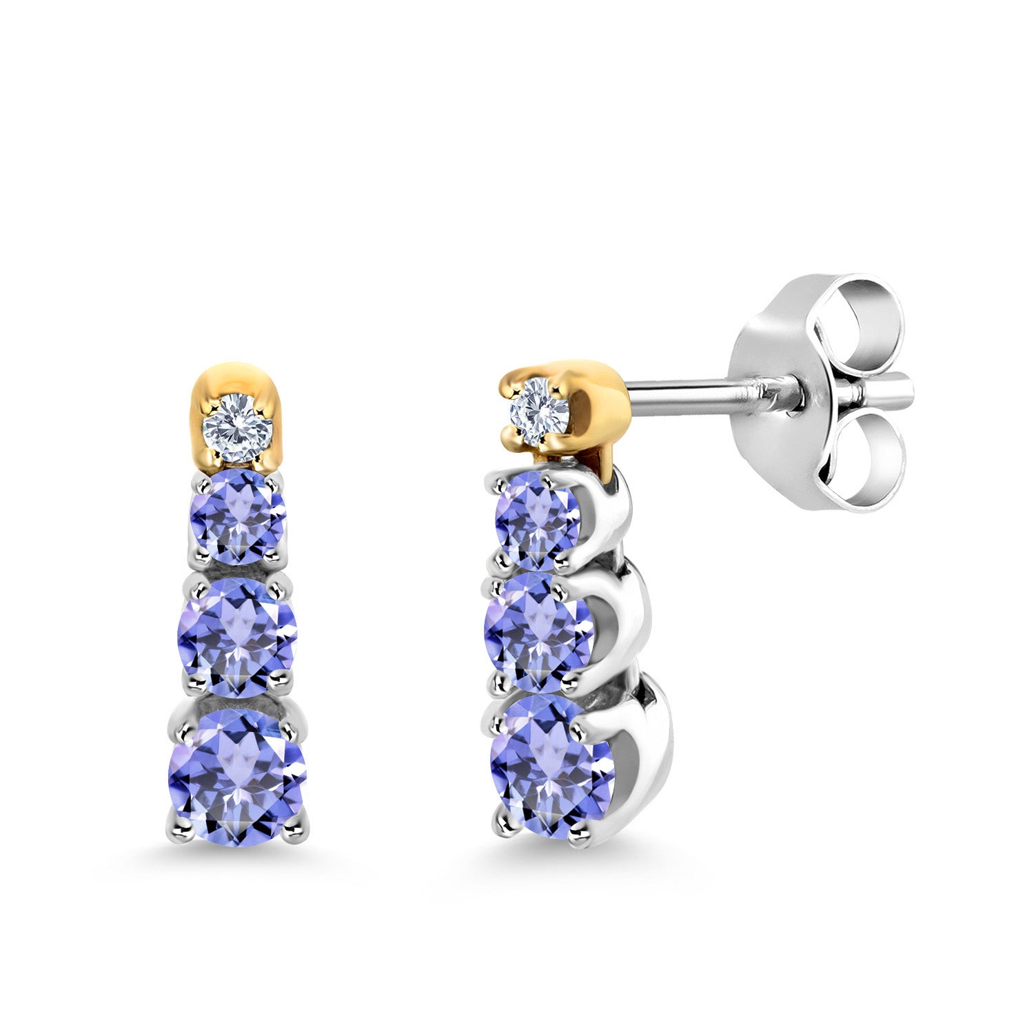 925 Sterling Silver and 10K Yellow Gold Blue Tanzanite and Created Moissanite Earrings For Women (0.54 Cttw, Gemstone Birthstone, Round 3MM, 2.5MM and 2MM)