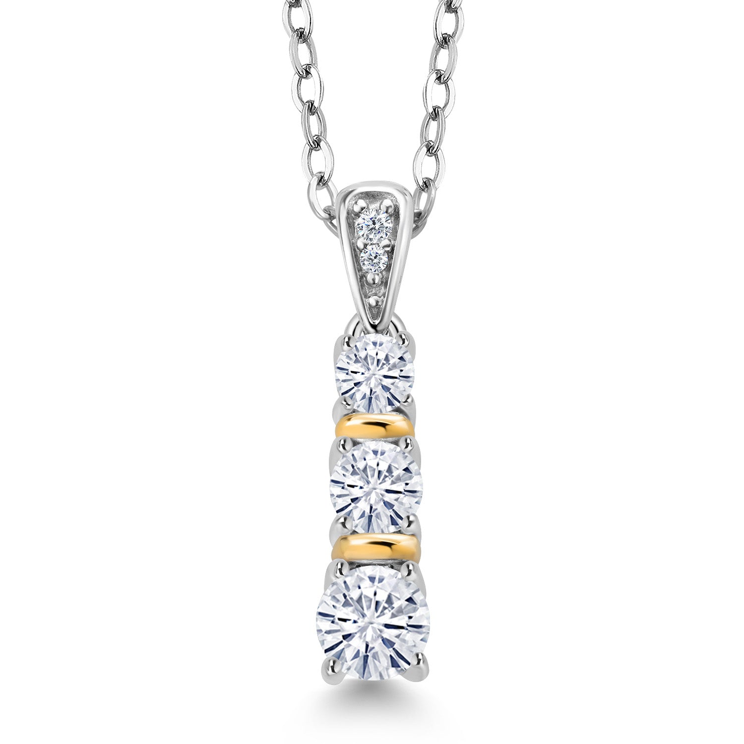 925 Silver and 10K Yellow Gold Round White Moissanite Pendant Necklace For Women (0.49 Cttw, Gemstone, with 18 Inch Chain)