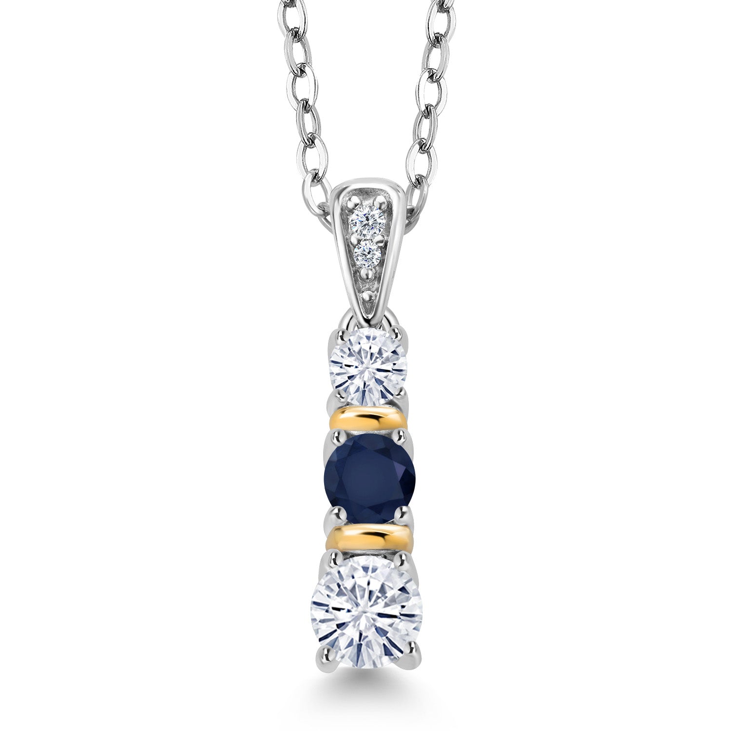 925 Silver and 10K Yellow Gold Round 4MM and 3MM White Moissanite and 3.5MM Blue Sapphire Pendant Necklace For Women | 0.55 Cttw | With 18 Inch Chain