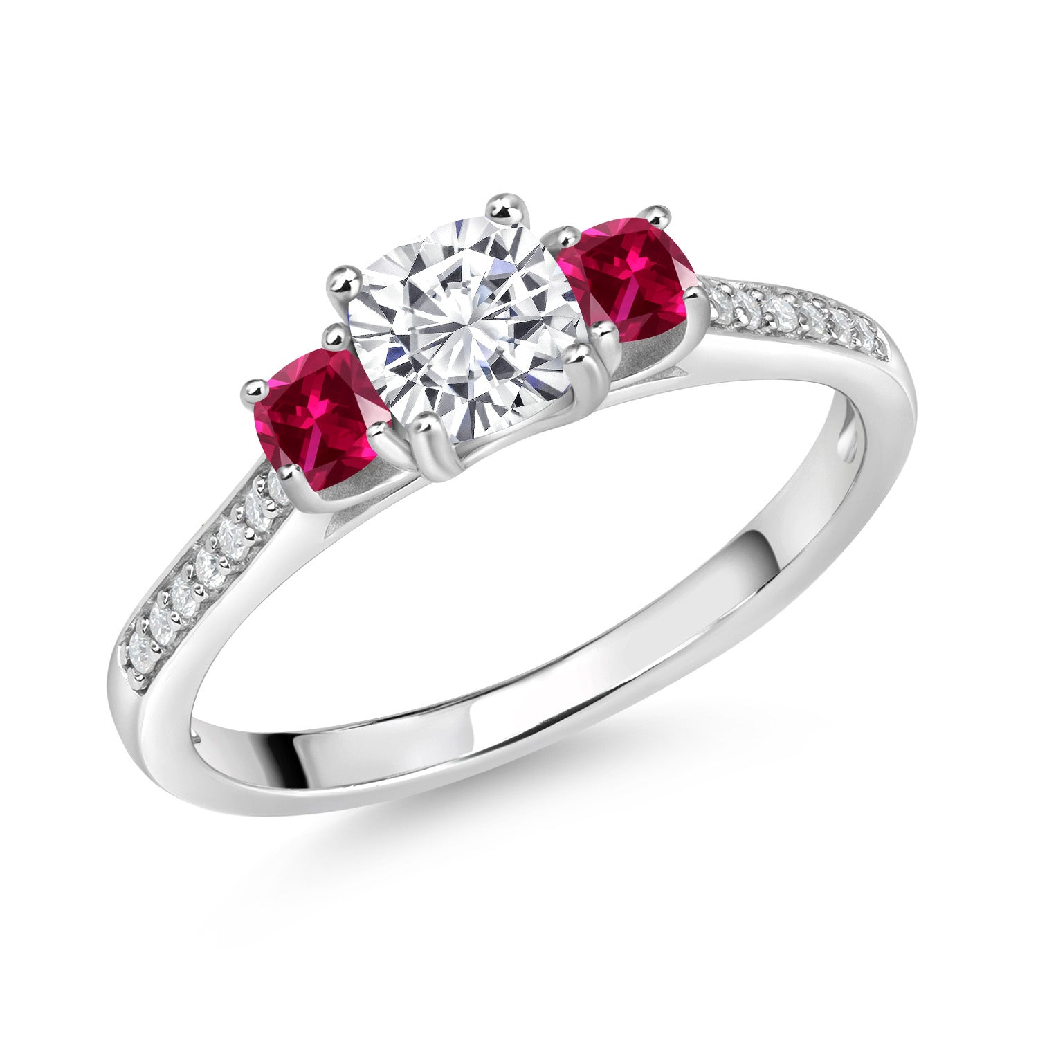 925 Sterling Silver White Moissanite and Red Created Ruby Ring | 1.00 Cttw | 5MM and 3MM Cushion | Three Stone Wedding Engagement Anniversary Promise Ring For Women