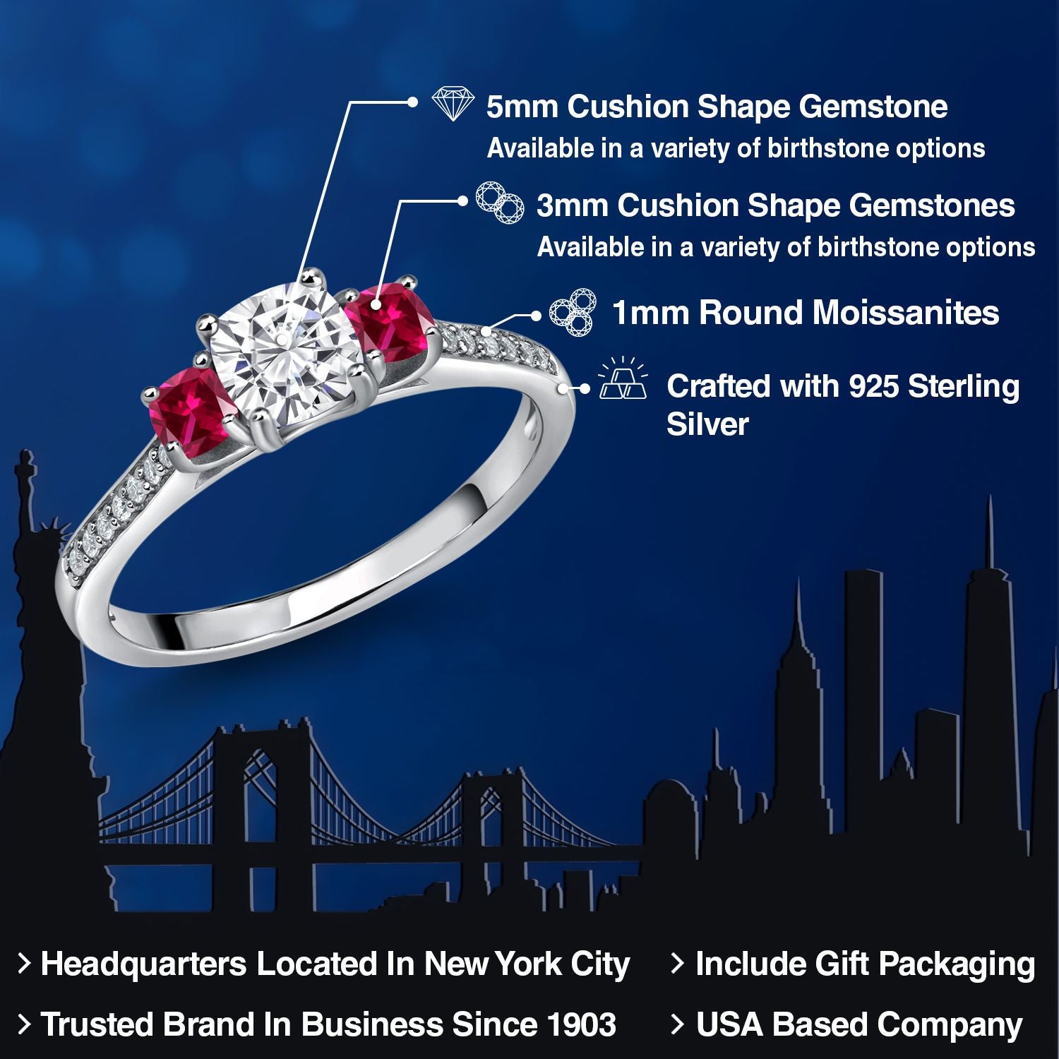 925 Sterling Silver White Moissanite and Red Created Ruby Ring | 1.00 Cttw | 5MM and 3MM Cushion | Three Stone Wedding Engagement Anniversary Promise Ring For Women