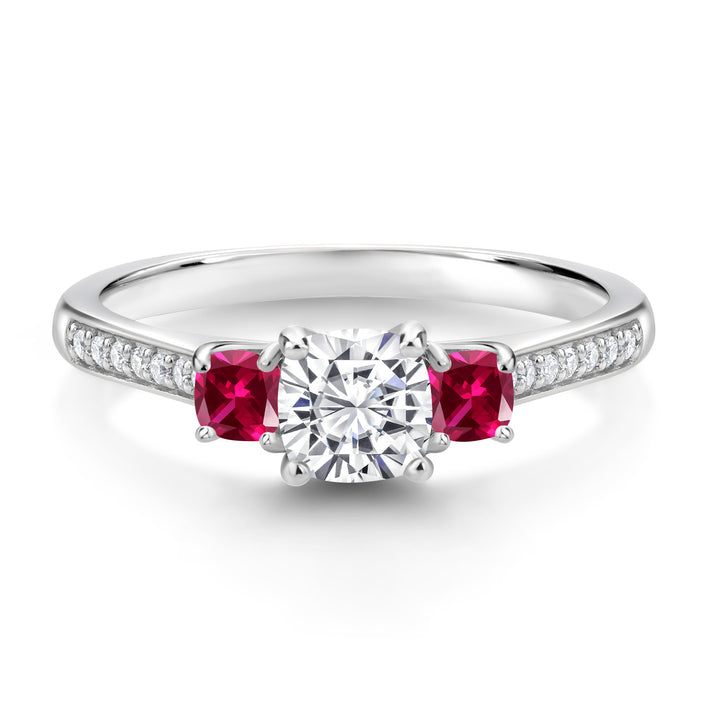 925 Sterling Silver White Moissanite and Red Created Ruby Ring | 1.00 Cttw | 5MM and 3MM Cushion | Three Stone Wedding Engagement Anniversary Promise Ring For Women