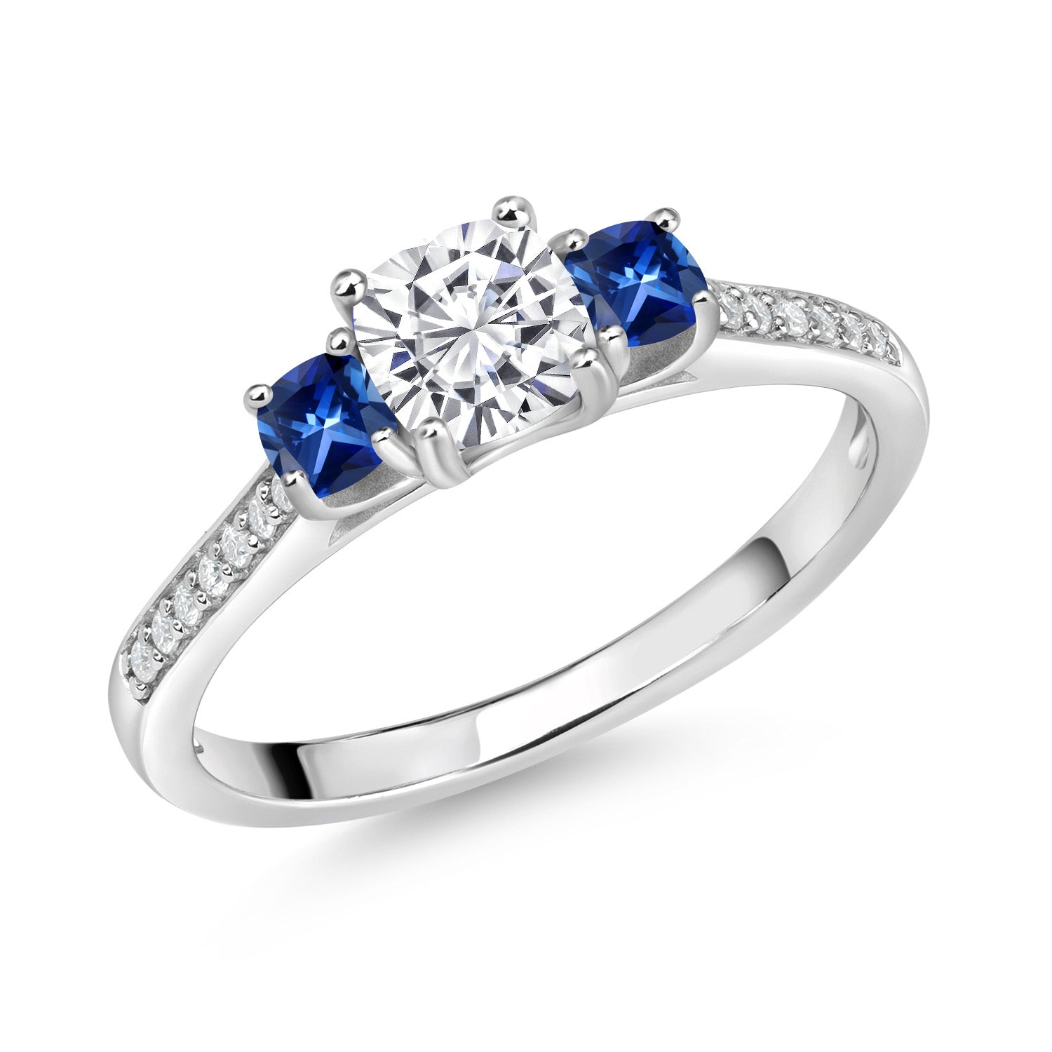 925 Sterling Silver Cushion White Moissanite and Blue Created Sapphire 3 Stone Engagement Ring For Women (0.96 Cttw, Gemstone Birthstone, Available In Size 5, 6, 7, 8, 9)