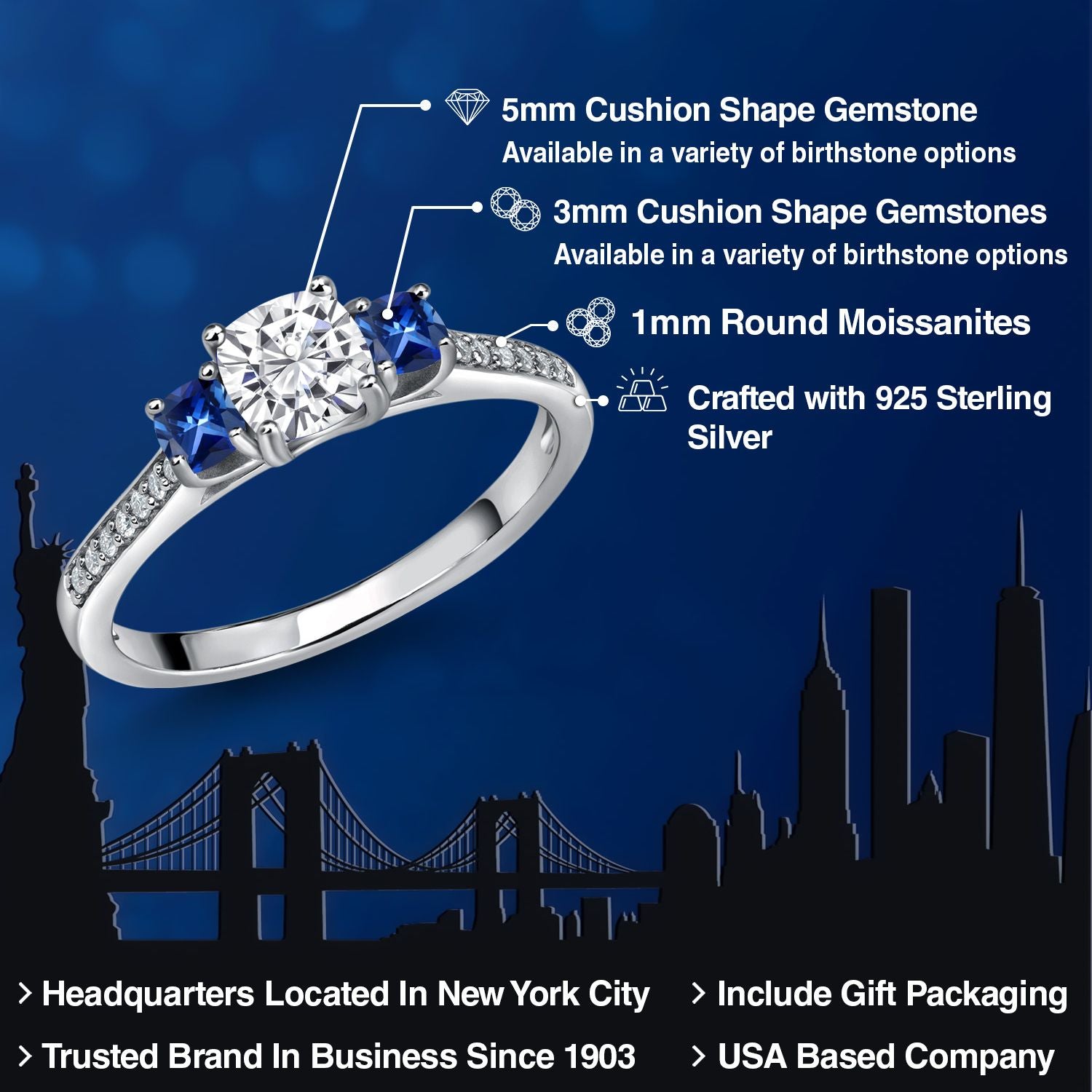 925 Sterling Silver Cushion White Moissanite and Blue Created Sapphire 3 Stone Engagement Ring For Women (0.96 Cttw, Gemstone Birthstone, Available In Size 5, 6, 7, 8, 9)