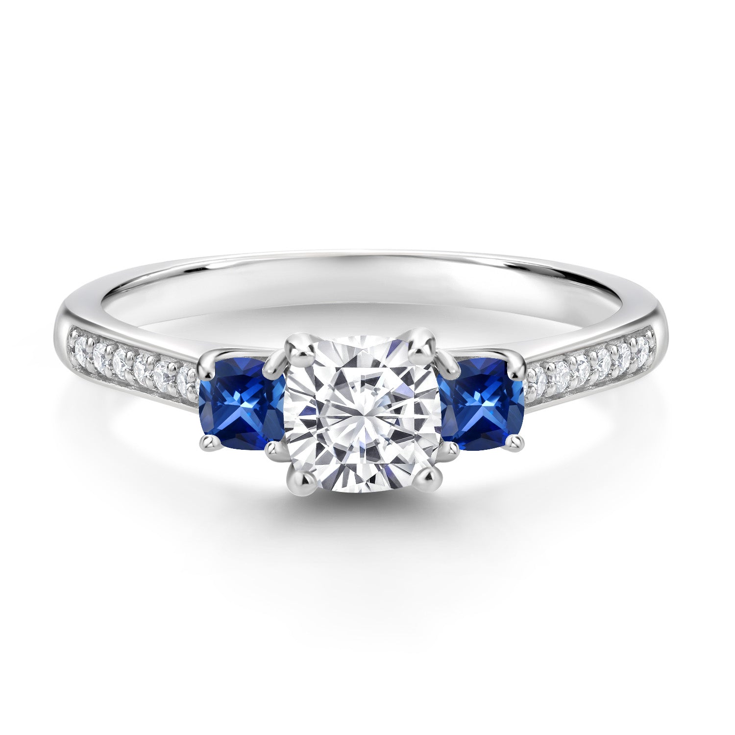 925 Sterling Silver Cushion White Moissanite and Blue Created Sapphire 3 Stone Engagement Ring For Women (0.96 Cttw, Gemstone Birthstone, Available In Size 5, 6, 7, 8, 9)