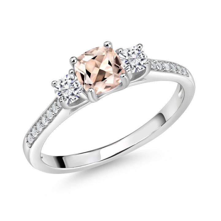 Gem Stone King 925 Sterling Silver Gemstone Birthstone and White Moissanite Ring | 5MM and 3MM Cushion | 3-Stone Wedding Engagement Anniversary Ring For Women | Available In Size 5, 6, 7, 8, 9
