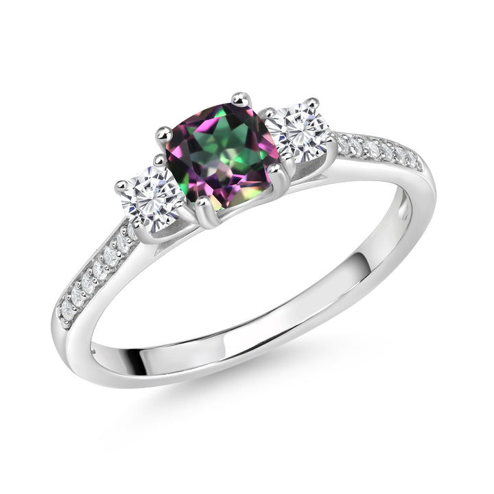 Gem Stone King 925 Sterling Silver Gemstone Birthstone and White Moissanite Ring | 5MM and 3MM Cushion | 3-Stone Wedding Engagement Anniversary Ring For Women | Available In Size 5, 6, 7, 8, 9