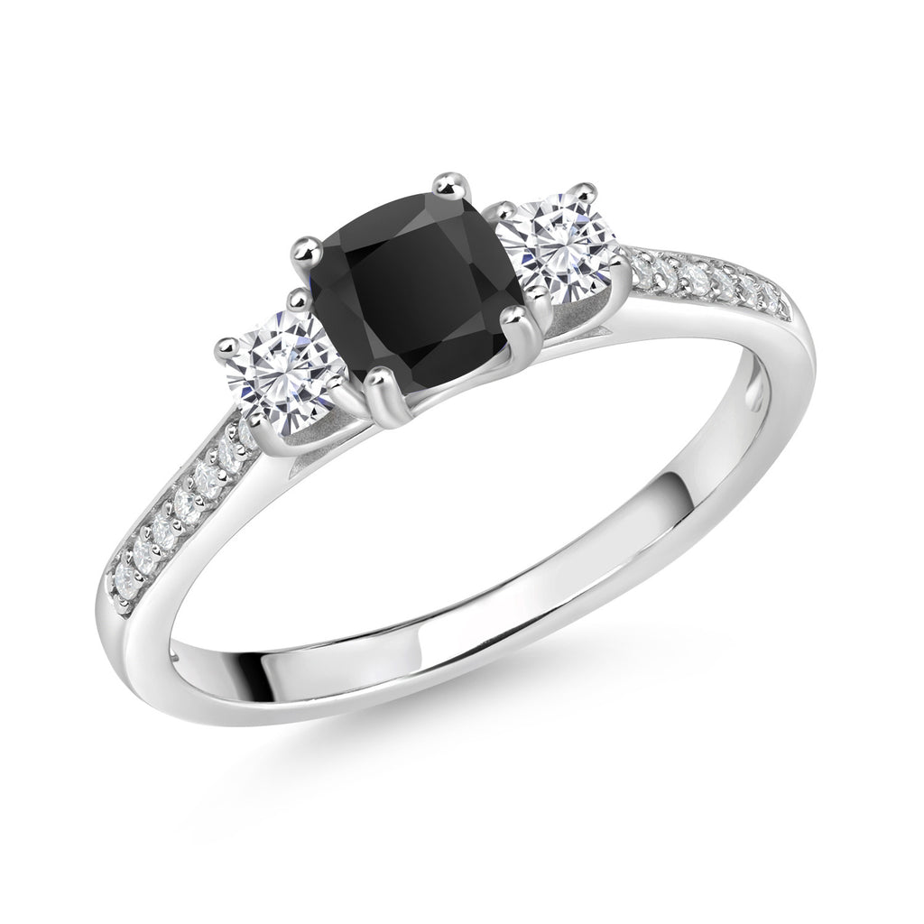 Gem Stone King 925 Sterling Silver Gemstone Birthstone and White Moissanite Ring | 5MM and 3MM Cushion | 3-Stone Wedding Engagement Anniversary Ring For Women | Available In Size 5, 6, 7, 8, 9