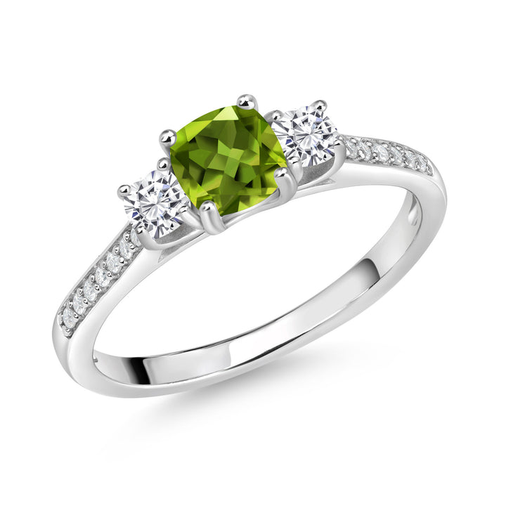 Gem Stone King 925 Sterling Silver Gemstone Birthstone and White Moissanite Ring | 5MM and 3MM Cushion | 3-Stone Wedding Engagement Anniversary Ring For Women | Available In Size 5, 6, 7, 8, 9