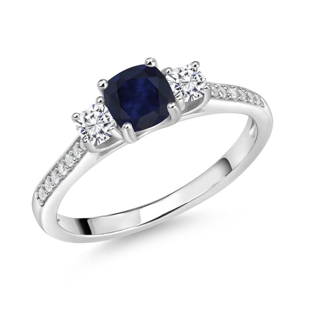 Gem Stone King 925 Sterling Silver Gemstone Birthstone and White Moissanite Ring | 5MM and 3MM Cushion | 3-Stone Wedding Engagement Anniversary Ring For Women | Available In Size 5, 6, 7, 8, 9