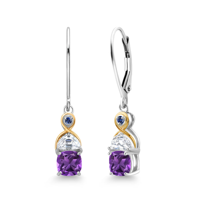 Gem Stone King Two-Tone 5MM Cushion Gemstone Birthstone Half Moon White Moissanite and Blue Created Sapphire Dangle Earrings for Women | 925 Silver and 10K Yellow Gold | 1.2 Inch Drop | Fine Jewelry for Her Mom Wife