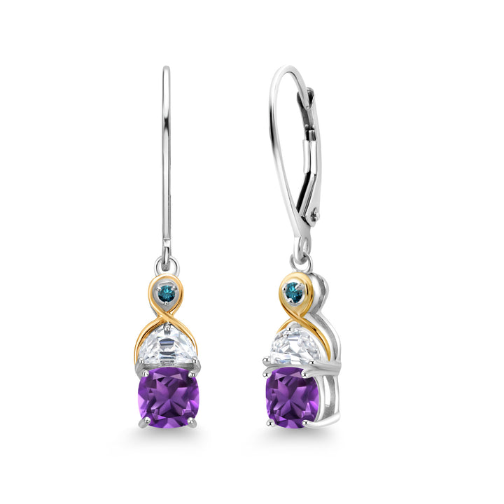 Gem Stone King Two-Tone 5MM Cushion Gemstone Birthstone Half Moon White Moissanite and Blue Diamond Dangle Earrings for Women | 925 Silver and 10K Yellow Gold | 1.2 Inch Drop | Fine Jewelry for Her Mom Wife