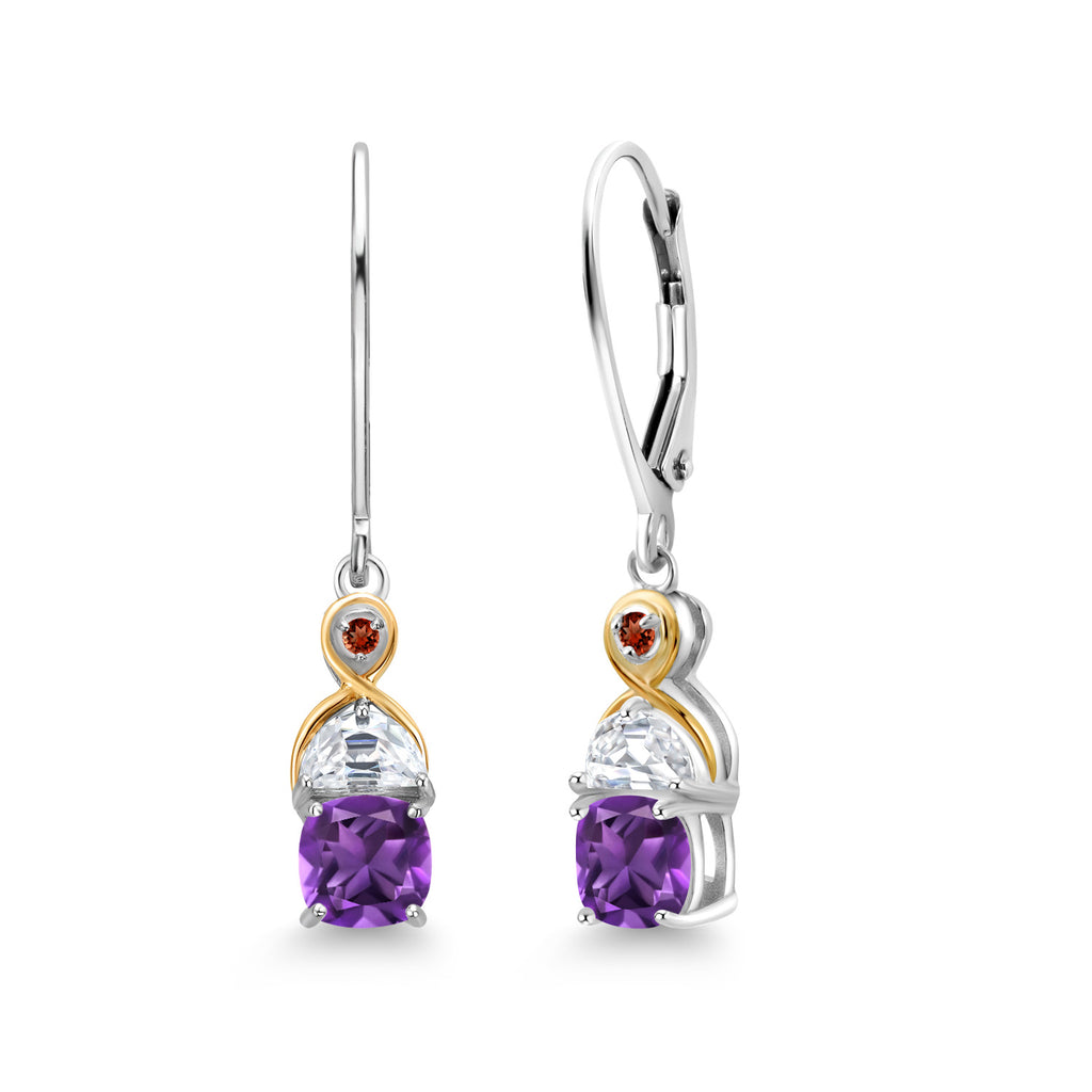 Gem Stone King Two-Tone 5MM Cushion Gemstone Birthstone Half Moon White Moissanite and Garnet Dangle Earrings for Women | 925 Silver and 10K Yellow Gold | 1.2 Inch Drop | Fine Jewelry for Her Mom Wife