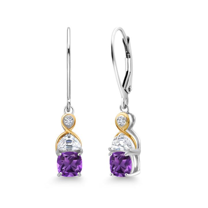 1.58 Cttw 925 Sterling Silver and 10K Yellow Gold Purple Amethyst Half Moon White Moissanite and Lab Grown Diamond Drop Dangle Earrings For Women