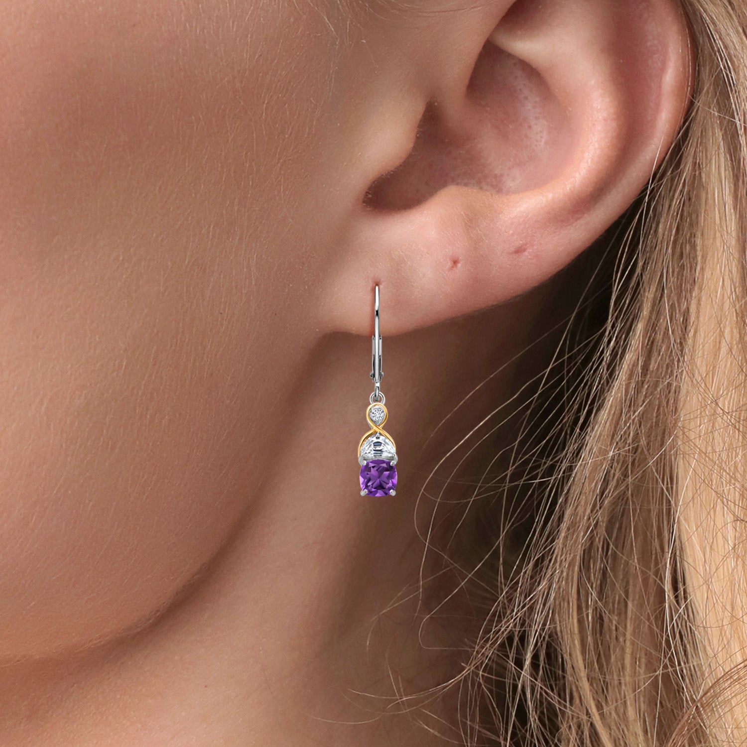 1.58 Cttw 925 Sterling Silver and 10K Yellow Gold Purple Amethyst Half Moon White Moissanite and Lab Grown Diamond Drop Dangle Earrings For Women