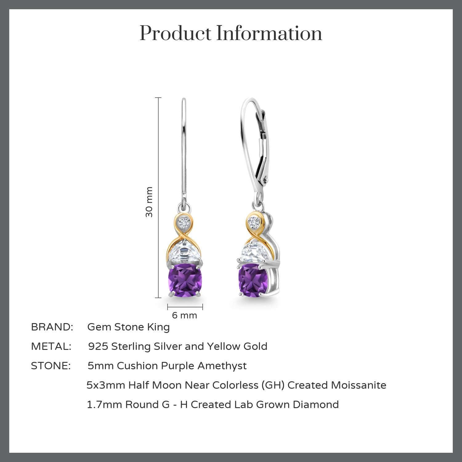 1.58 Cttw 925 Sterling Silver and 10K Yellow Gold Purple Amethyst Half Moon White Moissanite and Lab Grown Diamond Drop Dangle Earrings For Women