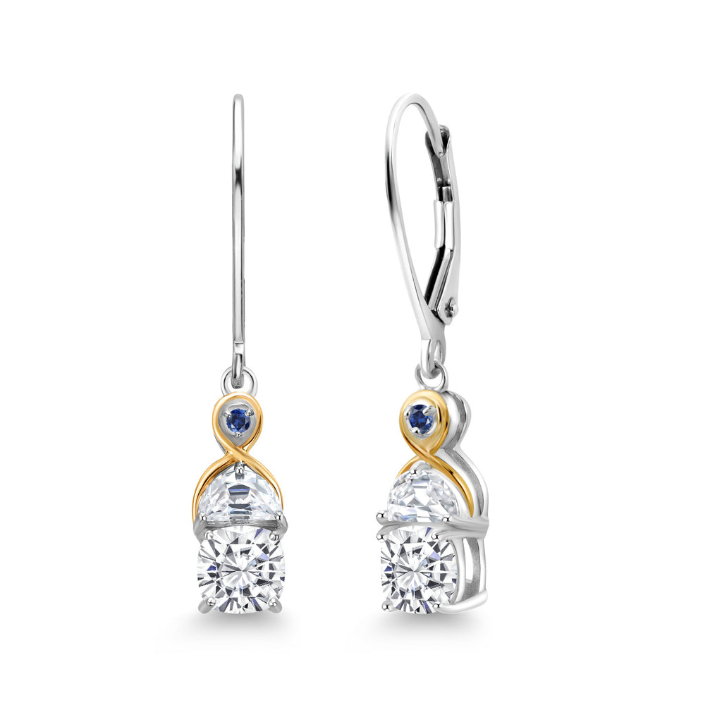 Gem Stone King Two-Tone 5MM Cushion Gemstone Birthstone Half Moon White Moissanite and Blue Created Sapphire Dangle Earrings for Women | 925 Silver and 10K Yellow Gold | 1.2 Inch Drop | Fine Jewelry for Her Mom Wife