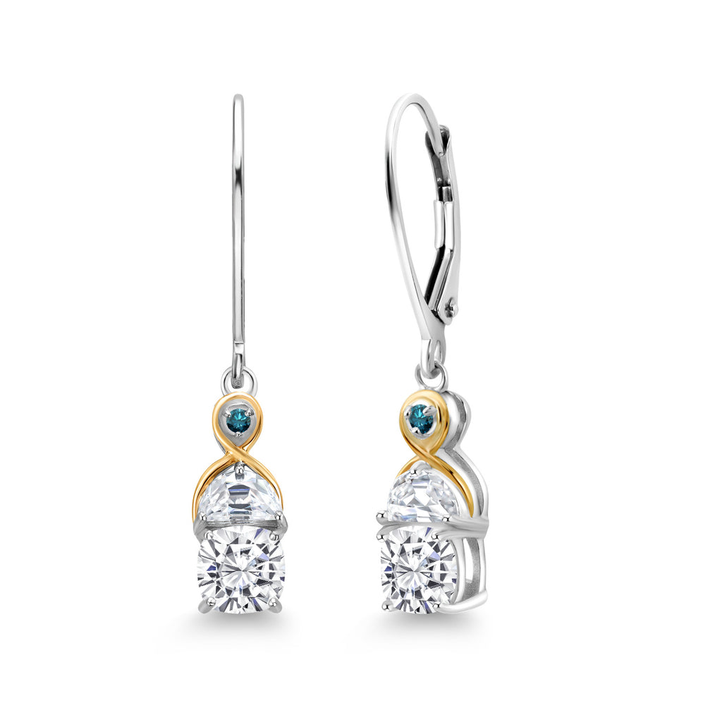 Gem Stone King Two-Tone 5MM Cushion Gemstone Birthstone Half Moon White Moissanite and Blue Diamond Dangle Earrings for Women | 925 Silver and 10K Yellow Gold | 1.2 Inch Drop | Fine Jewelry for Her Mom Wife