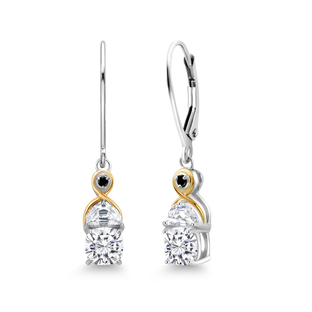 Gem Stone King Two-Tone 5MM Cushion Gemstone Birthstone Half Moon White Moissanite and Black Diamond Dangle Earrings for Women | 925 Silver and 10K Yellow Gold | 1.2 Inch Drop | Fine Jewelry for Her Mom Wife