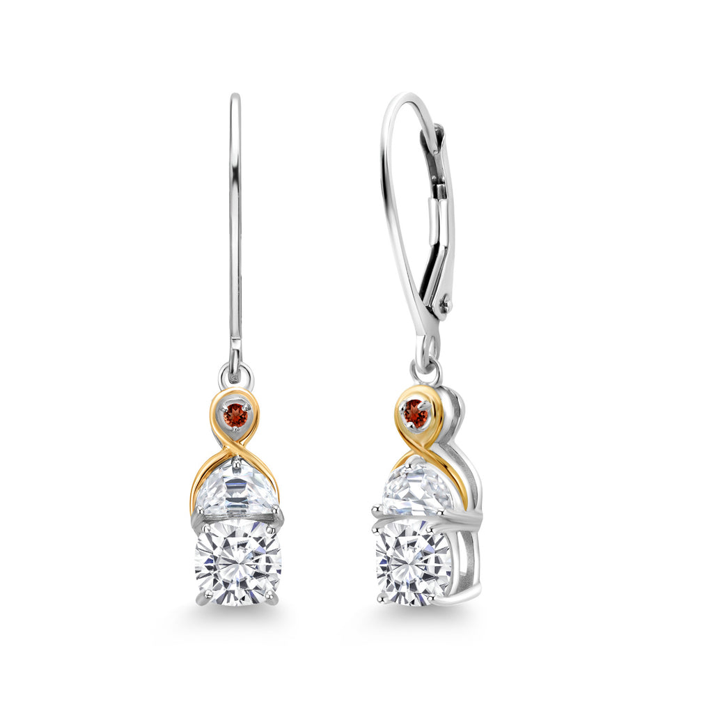 Gem Stone King Two-Tone 5MM Cushion Gemstone Birthstone Half Moon White Moissanite and Garnet Dangle Earrings for Women | 925 Silver and 10K Yellow Gold | 1.2 Inch Drop | Fine Jewelry for Her Mom Wife