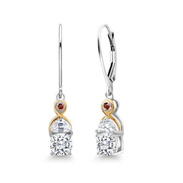 Gem Stone King Two-Tone 5MM Cushion Gemstone Birthstone Half Moon White Moissanite and Garnet Dangle Earrings for Women | 925 Silver and 10K Yellow Gold | 1.2 Inch Drop | Fine Jewelry for Her Mom Wife