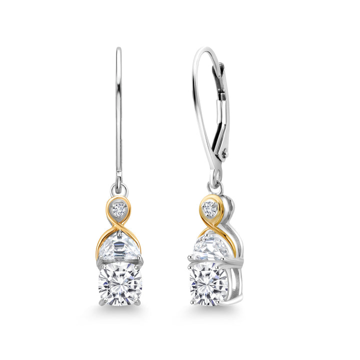 Gem Stone King Two-Tone 5MM Cushion Gemstone Birthstone Half Moon White Moissanite and Lab Grown Diamond Dangle Earrings for Women | 925 Silver and 10K Yellow Gold | 1.2 Inch Drop | Fine Jewelry for Her Mom Wife