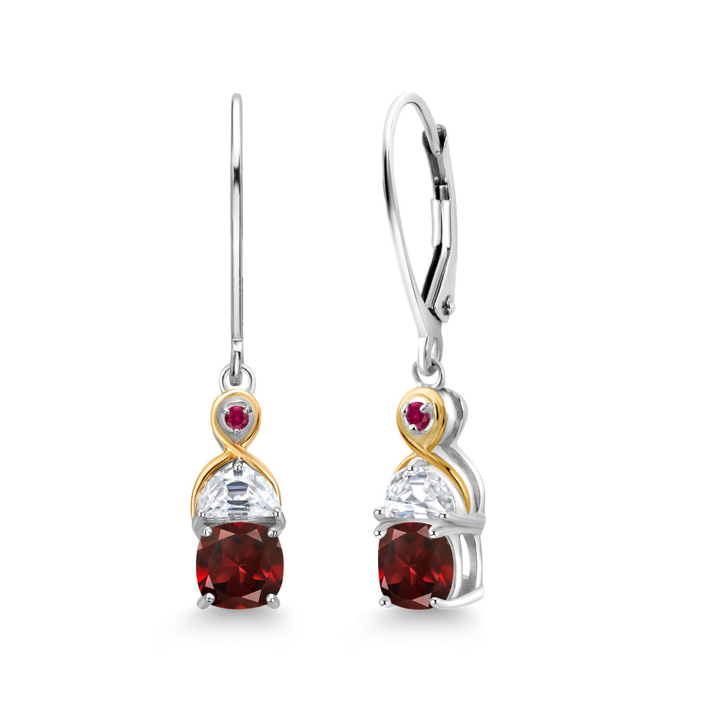 Gem Stone King Two-Tone 5MM Cushion Gemstone Birthstone Half Moon White Moissanite and Created Ruby Dangle Earrings for Women | 925 Silver and 10K Yellow Gold | 1.2 Inch Drop | Fine Jewelry for Her Mom Wife