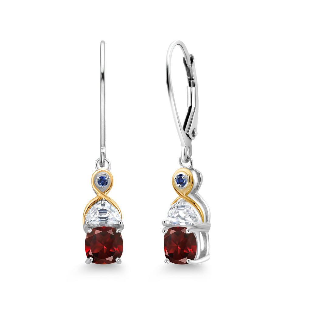 Gem Stone King Two-Tone 5MM Cushion Gemstone Birthstone Half Moon White Moissanite and Blue Created Sapphire Dangle Earrings for Women | 925 Silver and 10K Yellow Gold | 1.2 Inch Drop | Fine Jewelry for Her Mom Wife