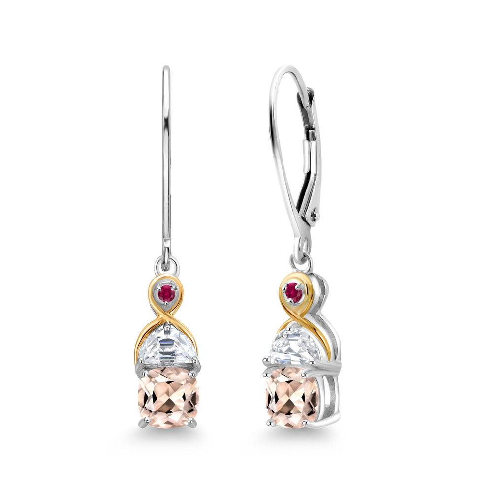 Gem Stone King Two-Tone 5MM Cushion Gemstone Birthstone Half Moon White Moissanite and Created Ruby Dangle Earrings for Women | 925 Silver and 10K Yellow Gold | 1.2 Inch Drop | Fine Jewelry for Her Mom Wife