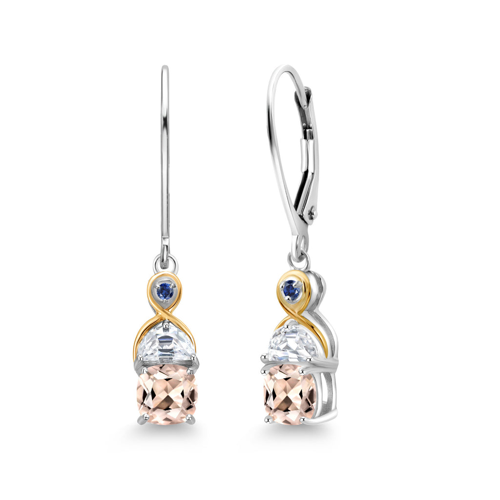 Gem Stone King Two-Tone 5MM Cushion Gemstone Birthstone Half Moon White Moissanite and Blue Created Sapphire Dangle Earrings for Women | 925 Silver and 10K Yellow Gold | 1.2 Inch Drop | Fine Jewelry for Her Mom Wife