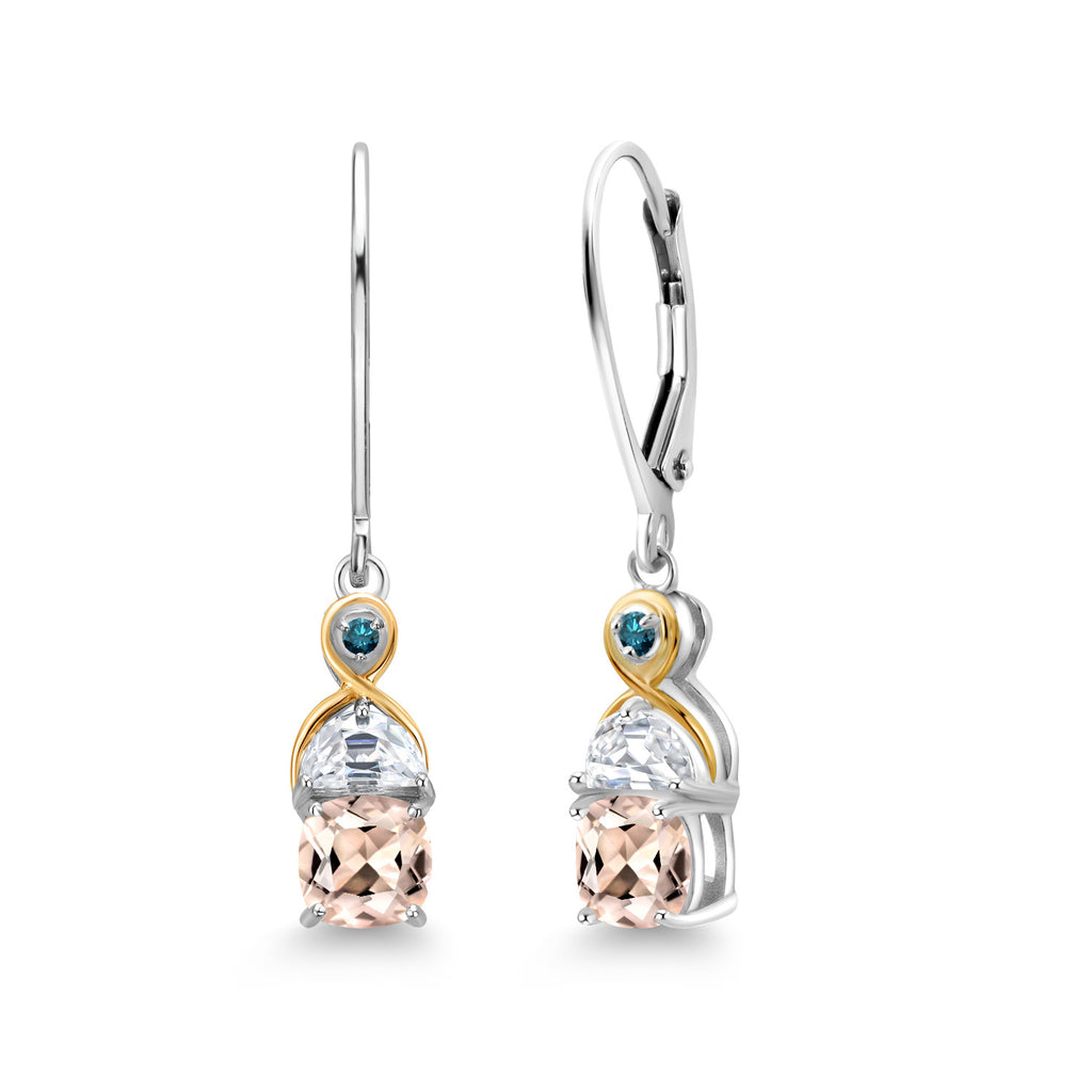 Gem Stone King Two-Tone 5MM Cushion Gemstone Birthstone Half Moon White Moissanite and Blue Diamond Dangle Earrings for Women | 925 Silver and 10K Yellow Gold | 1.2 Inch Drop | Fine Jewelry for Her Mom Wife