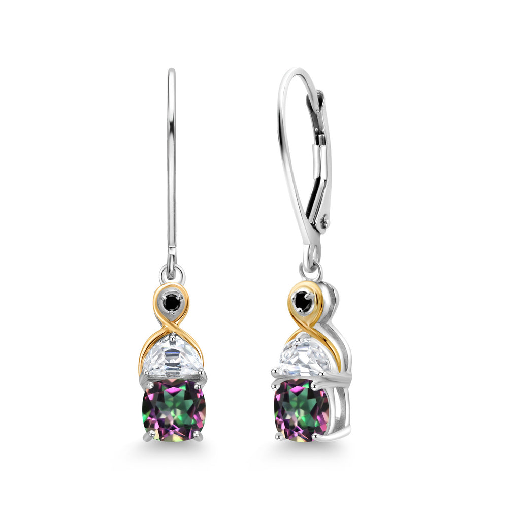 Gem Stone King Two-Tone 5MM Cushion Gemstone Birthstone Half Moon White Moissanite and Black Diamond Dangle Earrings for Women | 925 Silver and 10K Yellow Gold | 1.2 Inch Drop | Fine Jewelry for Her Mom Wife