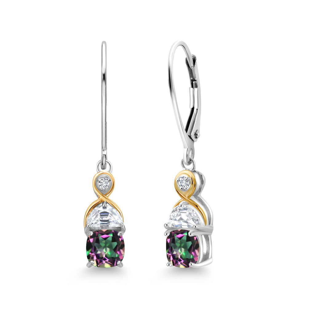 Gem Stone King Two-Tone 5MM Cushion Gemstone Birthstone Half Moon White Moissanite and Lab Grown Diamond Dangle Earrings for Women | 925 Silver and 10K Yellow Gold | 1.2 Inch Drop | Fine Jewelry for Her Mom Wife