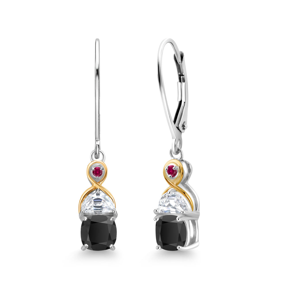 Gem Stone King Two-Tone 5MM Cushion Gemstone Birthstone Half Moon White Moissanite and Created Ruby Dangle Earrings for Women | 925 Silver and 10K Yellow Gold | 1.2 Inch Drop | Fine Jewelry for Her Mom Wife