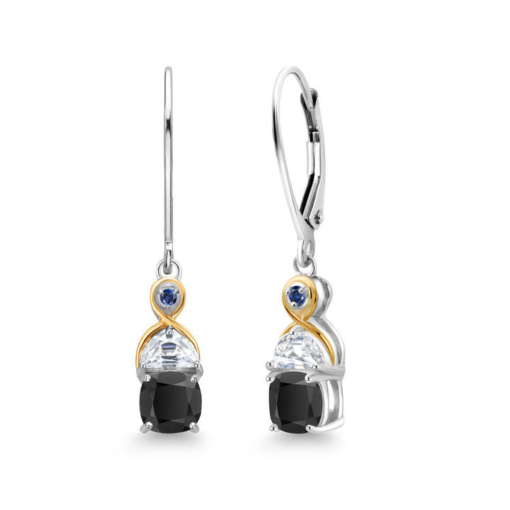 Gem Stone King Two-Tone 5MM Cushion Gemstone Birthstone Half Moon White Moissanite and Blue Created Sapphire Dangle Earrings for Women | 925 Silver and 10K Yellow Gold | 1.2 Inch Drop | Fine Jewelry for Her Mom Wife