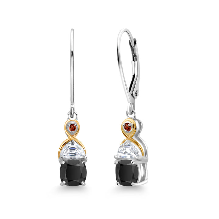 Gem Stone King Two-Tone 5MM Cushion Gemstone Birthstone Half Moon White Moissanite and Garnet Dangle Earrings for Women | 925 Silver and 10K Yellow Gold | 1.2 Inch Drop | Fine Jewelry for Her Mom Wife