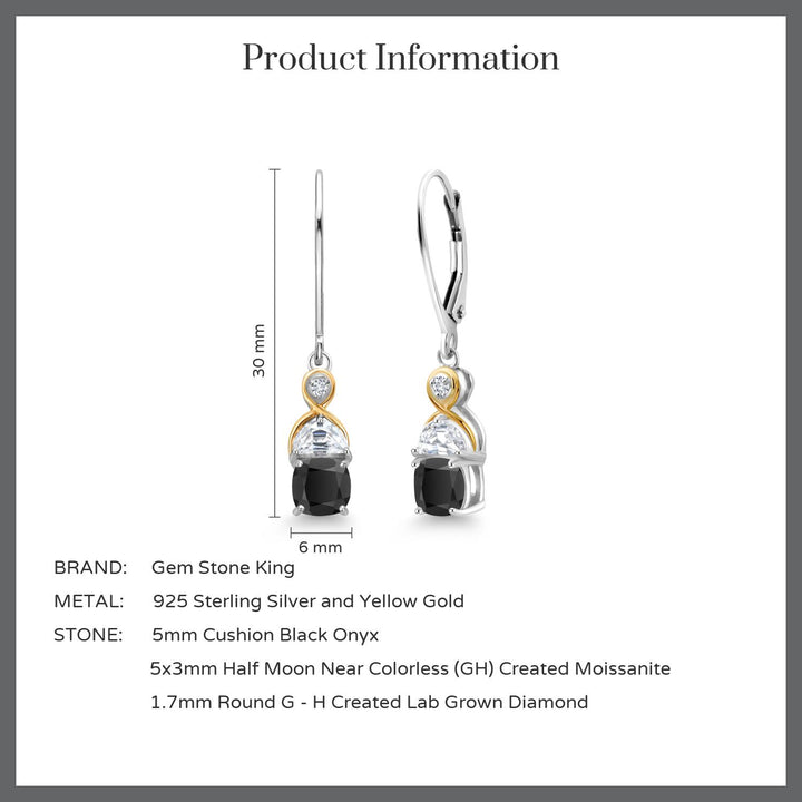 1.56 Cttw 925 Silver and 10K Yellow Gold Cushion Onyx Half Moon Moissanite and Lab Grown Diamond Dangle Earrings For Women