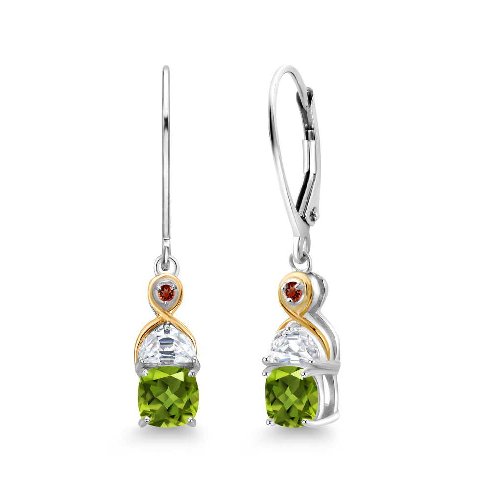 Gem Stone King Two-Tone 5MM Cushion Gemstone Birthstone Half Moon White Moissanite and Garnet Dangle Earrings for Women | 925 Silver and 10K Yellow Gold | 1.2 Inch Drop | Fine Jewelry for Her Mom Wife